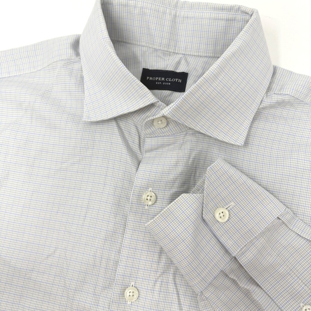 Proper Cloth Mens 16-33.5 Blue Grey Micro Check‎ Cotton Button Down Shirt